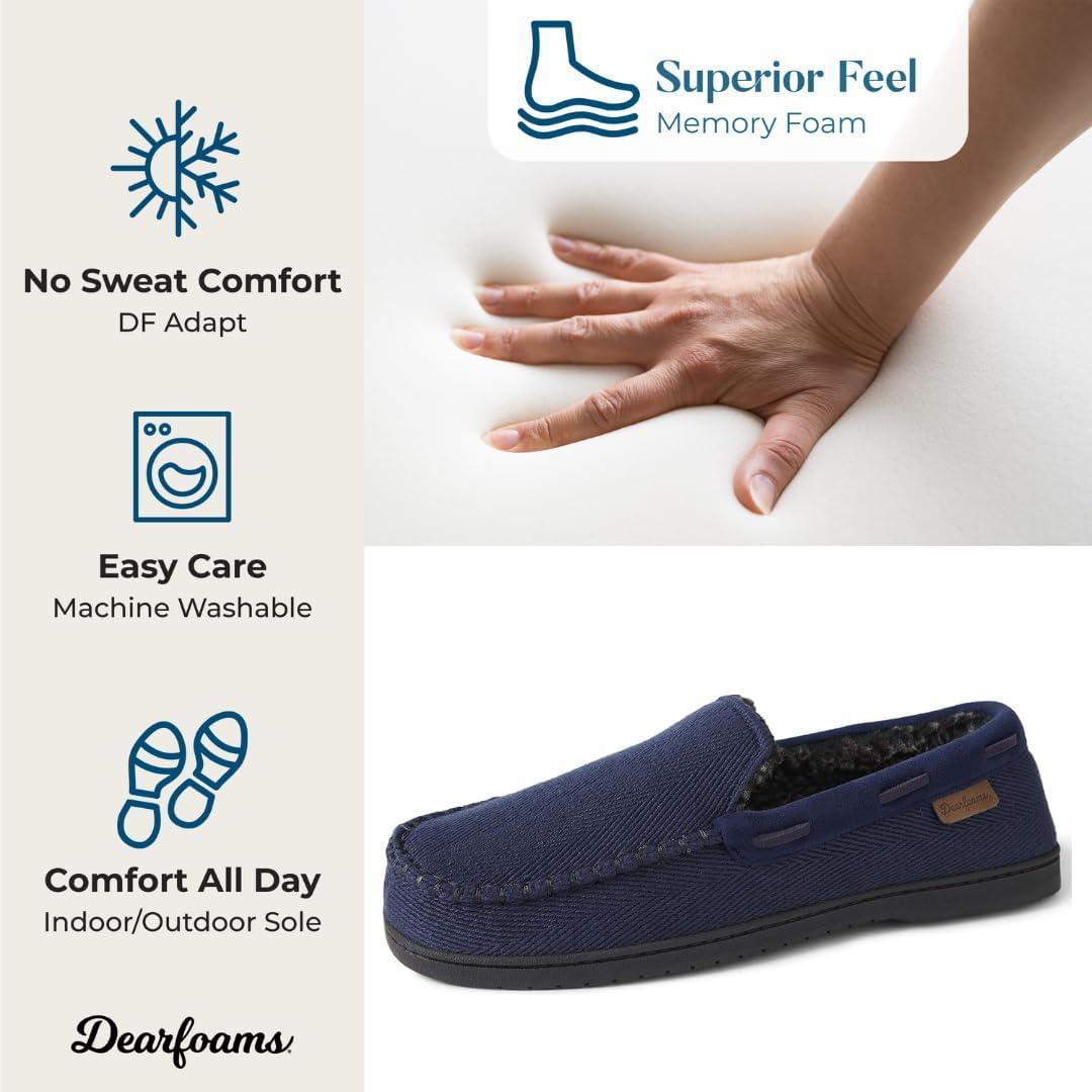 imageDearfoams mens Keaton Memory Foam Indoor Outdoor Moccasin With Wide Widths SlipperNavy Twill