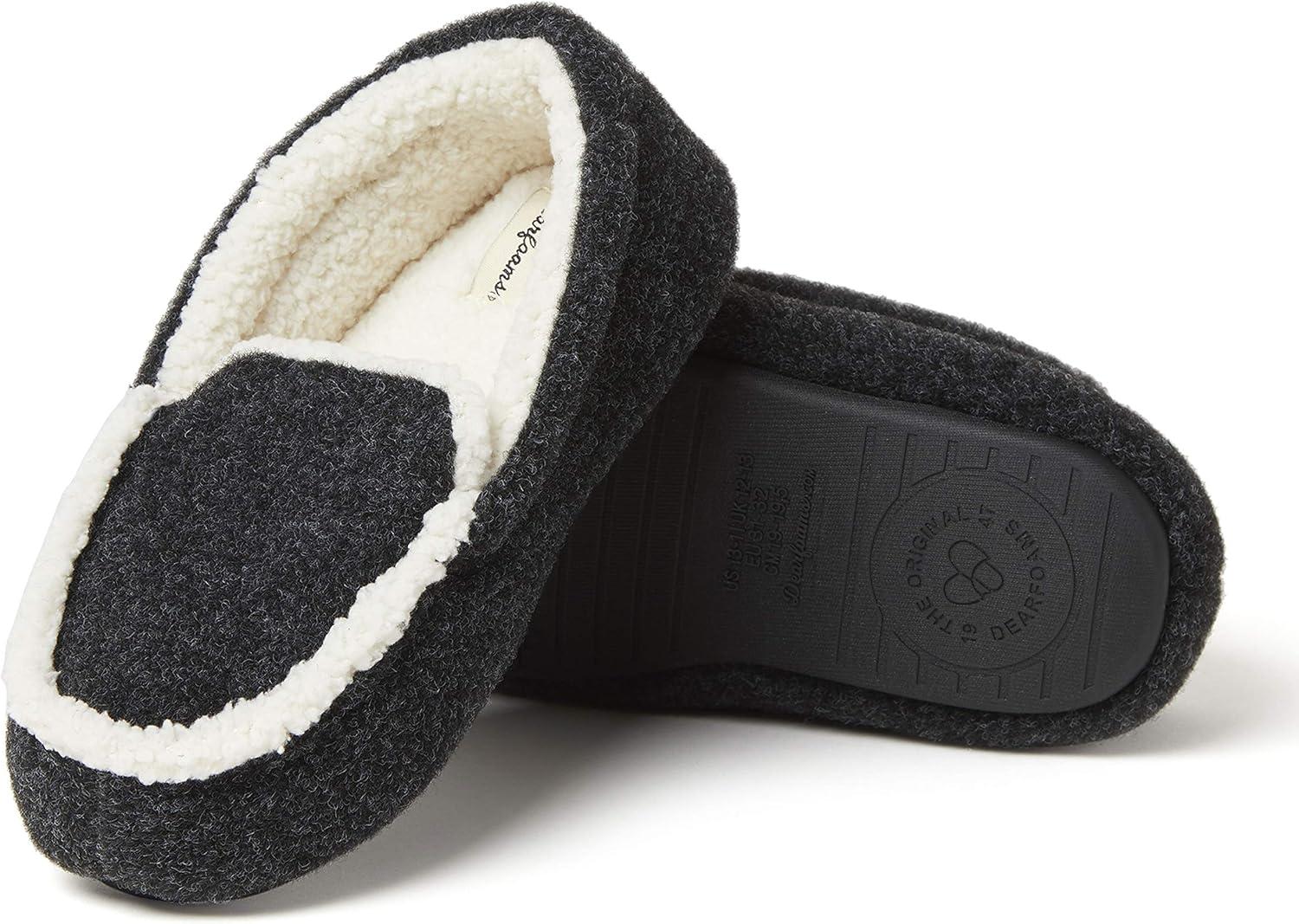 imageDearfoams unisex child Hunter Felted Plaid Moccasin Slipper Black Solid 1112 Big Kid US