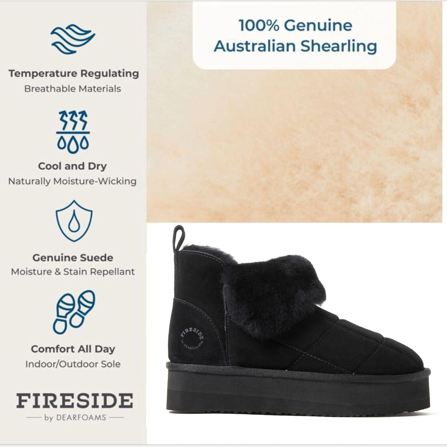 imageDearfoams womens Bootie Slipper Bayswater Comfy Indoor Outdoor Genuine Shearling Platform SlipperBlack