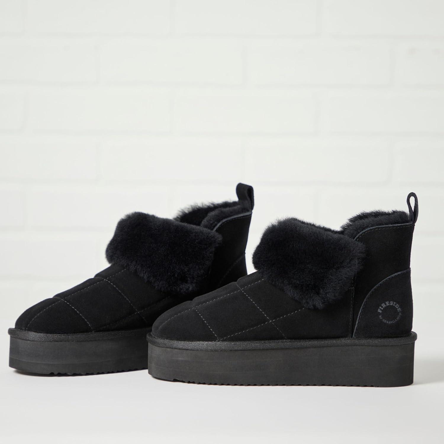 imageDearfoams womens Bootie Slipper Bayswater Comfy Indoor Outdoor Genuine Shearling Platform SlipperBlack