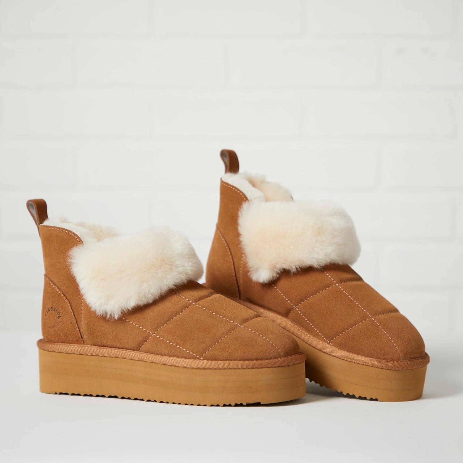 imageDearfoams womens Bootie Slipper Bayswater Comfy Indoor Outdoor Genuine Shearling Platform SlipperChestnut
