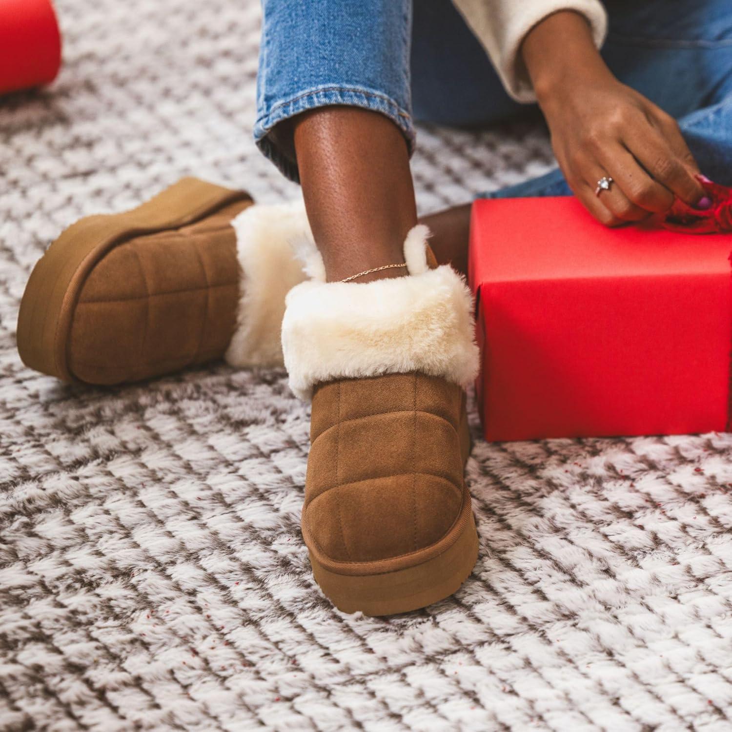 imageDearfoams womens Bootie Slipper Bayswater Comfy Indoor Outdoor Genuine Shearling Platform SlipperChestnut