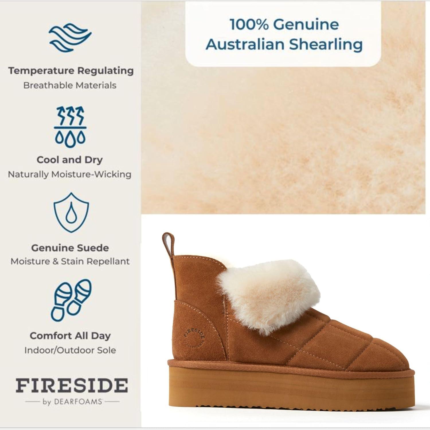 imageDearfoams womens Bootie Slipper Bayswater Comfy Indoor Outdoor Genuine Shearling Platform SlipperChestnut