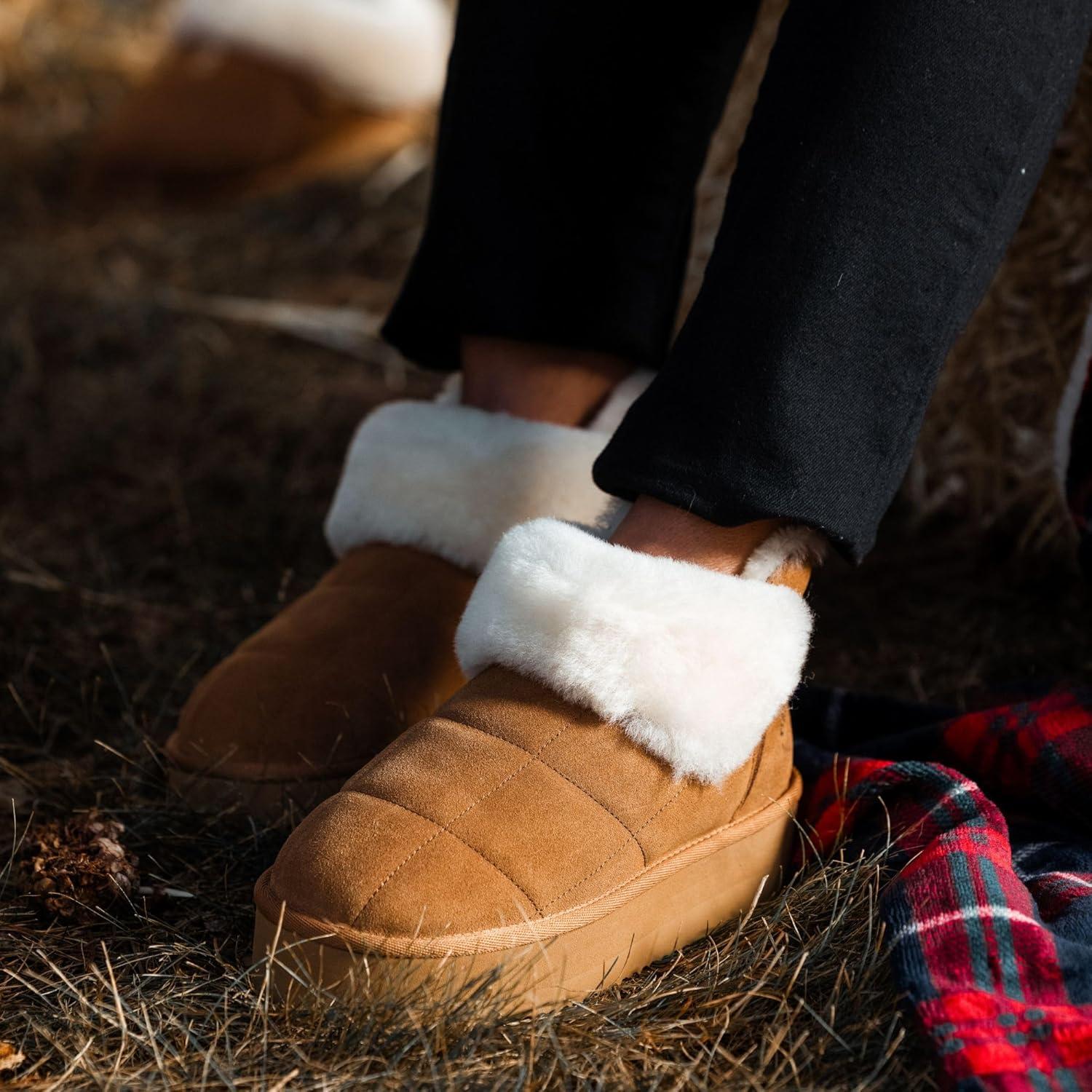 imageDearfoams womens Bootie Slipper Bayswater Comfy Indoor Outdoor Genuine Shearling Platform SlipperPeach Dust