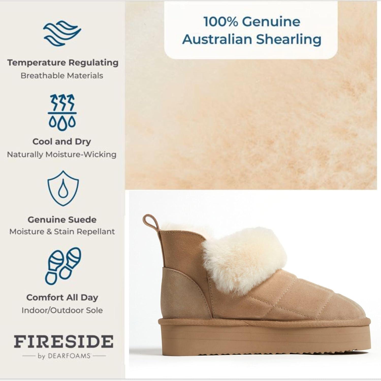 imageDearfoams womens Bootie Slipper Bayswater Comfy Indoor Outdoor Genuine Shearling Platform SlipperSand