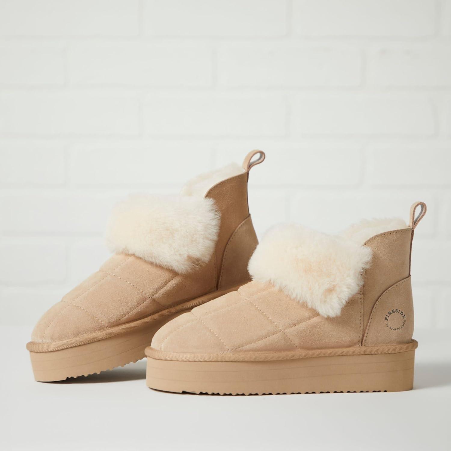 imageDearfoams womens Bootie Slipper Bayswater Comfy Indoor Outdoor Genuine Shearling Platform SlipperSand