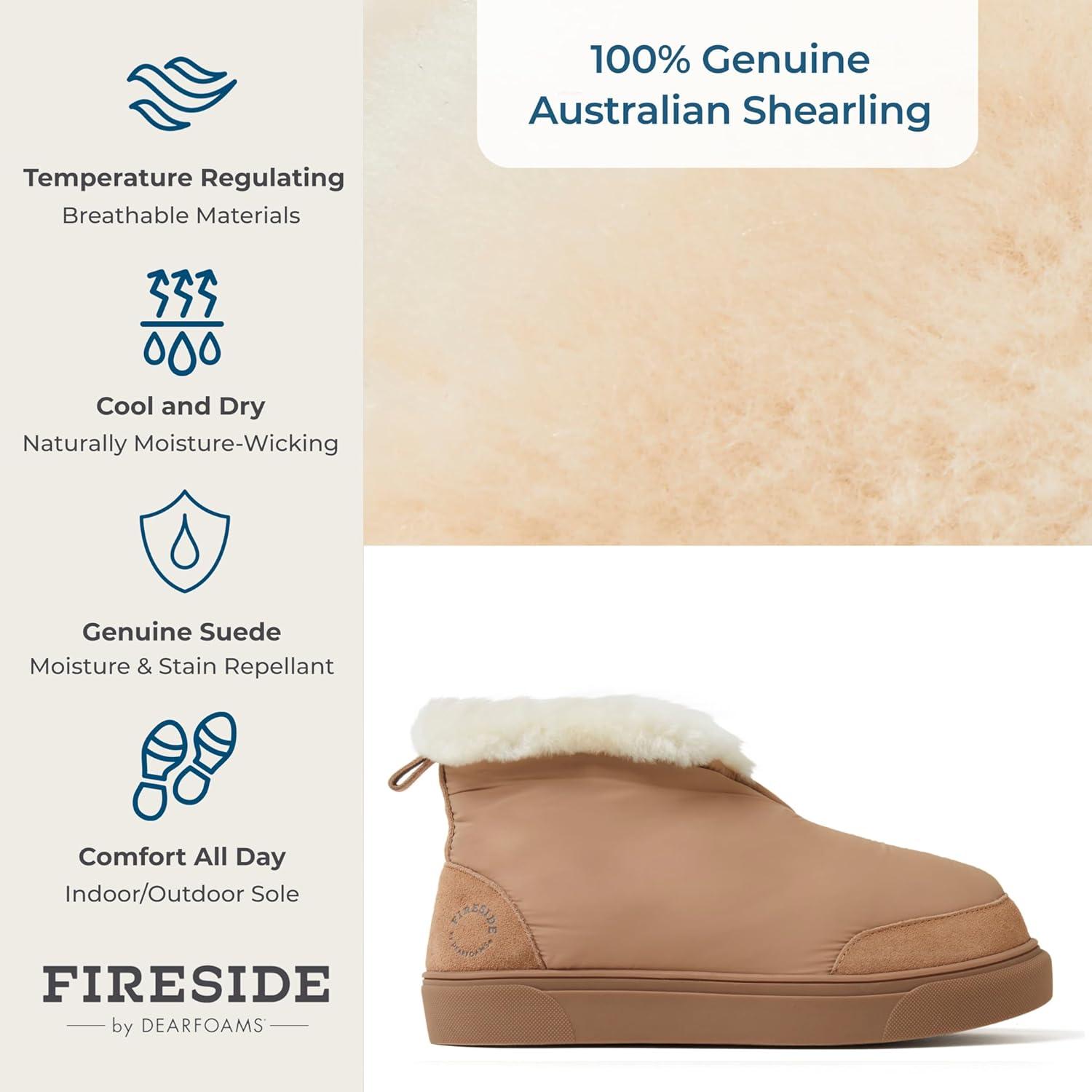 imageDearfoams womens Fireside Nylon Australian Shearling Water Resistant Aprs Winter Warm Up BootieTan Driftwood