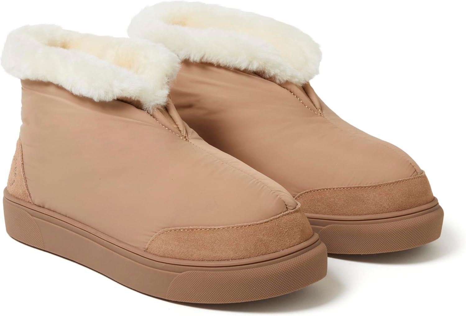 imageDearfoams womens Fireside Nylon Australian Shearling Water Resistant Aprs Winter Warm Up BootieTan Driftwood