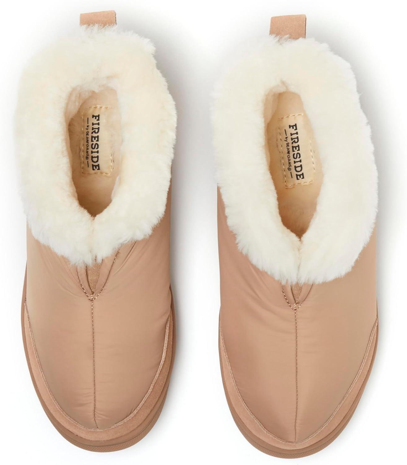 imageDearfoams womens Fireside Nylon Australian Shearling Water Resistant Aprs Winter Warm Up BootieTan Driftwood