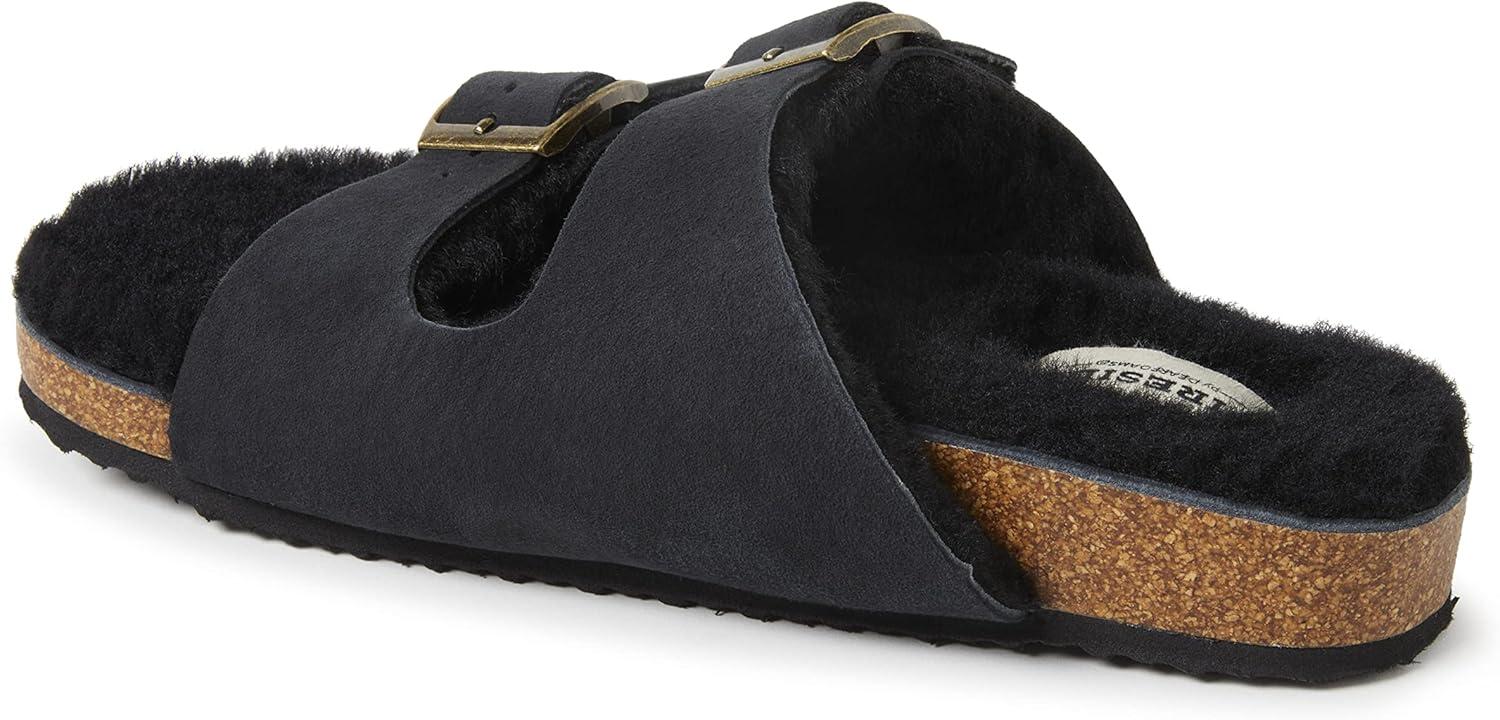 imageDearfoams womens Fireside Tamworth Shearling Slide Sandal With Cork Footbed and Adjustable BucklesBlack
