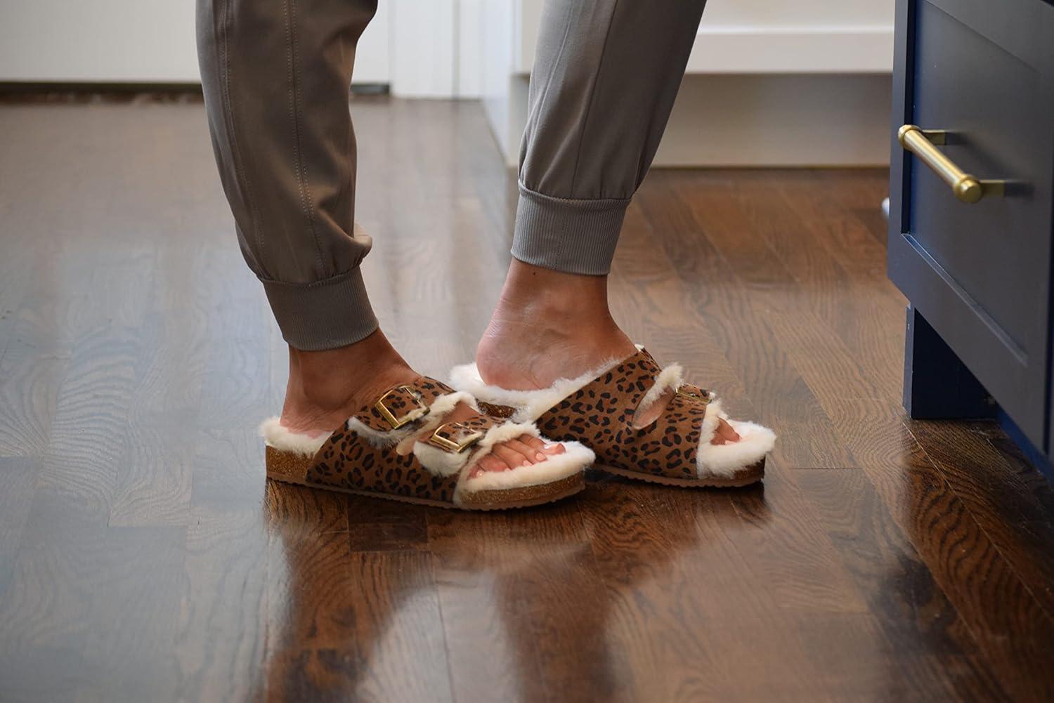 imageDearfoams womens Fireside Tamworth Shearling Slide Sandal With Cork Footbed and Adjustable BucklesChestnut