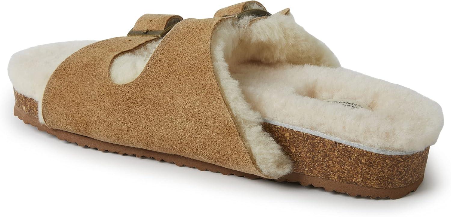imageDearfoams womens Fireside Tamworth Shearling Slide Sandal With Cork Footbed and Adjustable BucklesChestnut