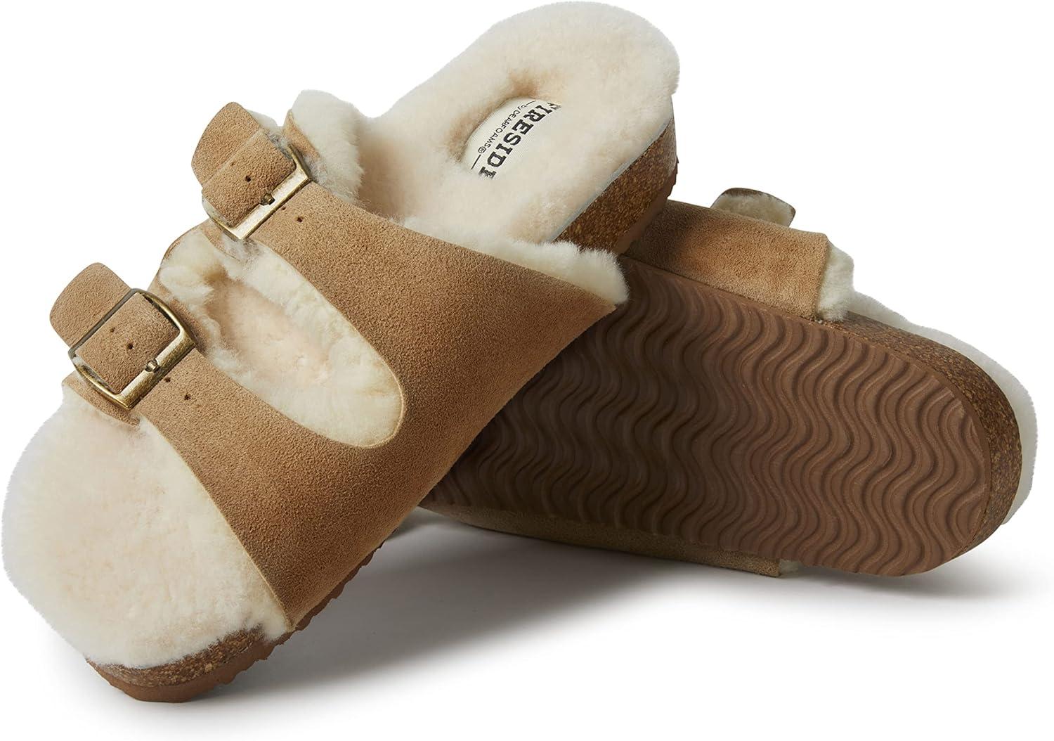 imageDearfoams womens Fireside Tamworth Shearling Slide Sandal With Cork Footbed and Adjustable BucklesChestnut