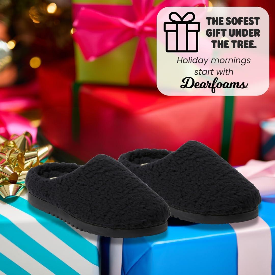 imageDearfoams womens House Slippers Memory Foam Fuzzy Fiona Clog House ShoesBlack