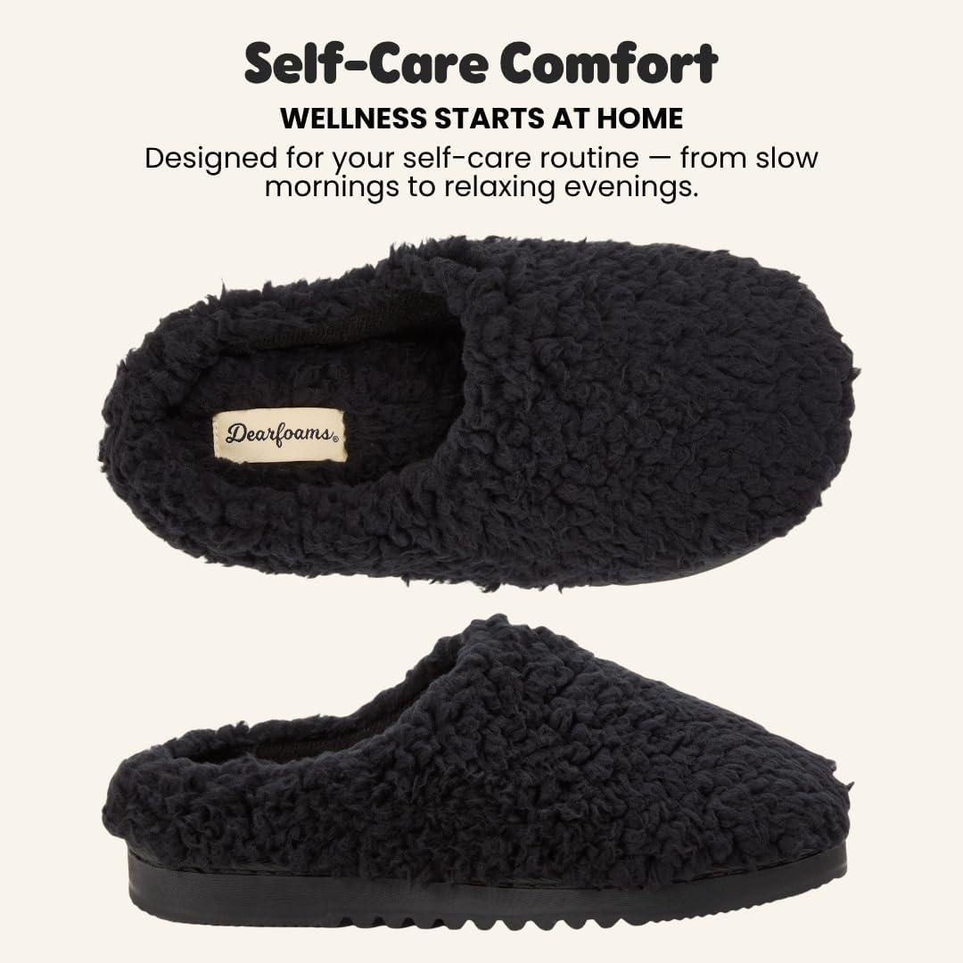 imageDearfoams womens House Slippers Memory Foam Fuzzy Fiona Clog House ShoesBlack