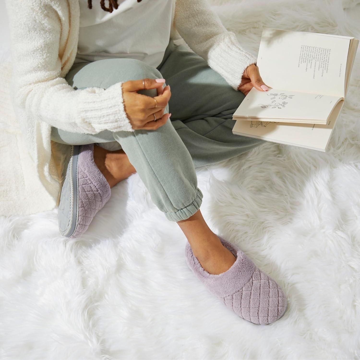 imageDearfoams womens Memory Foam House Slippers Libby Terry Clog With Wide WidthsPurple