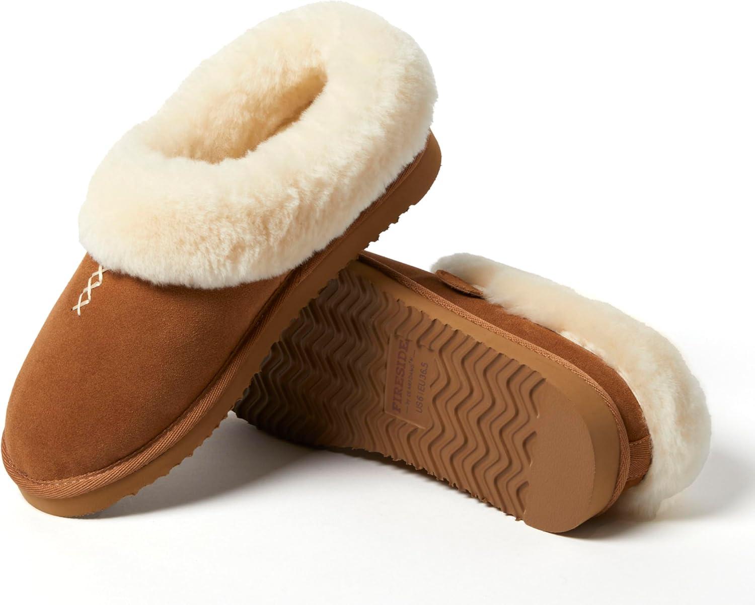 imageFireside By Dearfoams Womens Adelaide Slippers Genuine Shearling Suede Scuff Memory Foam Slipin House ShoesChestnut