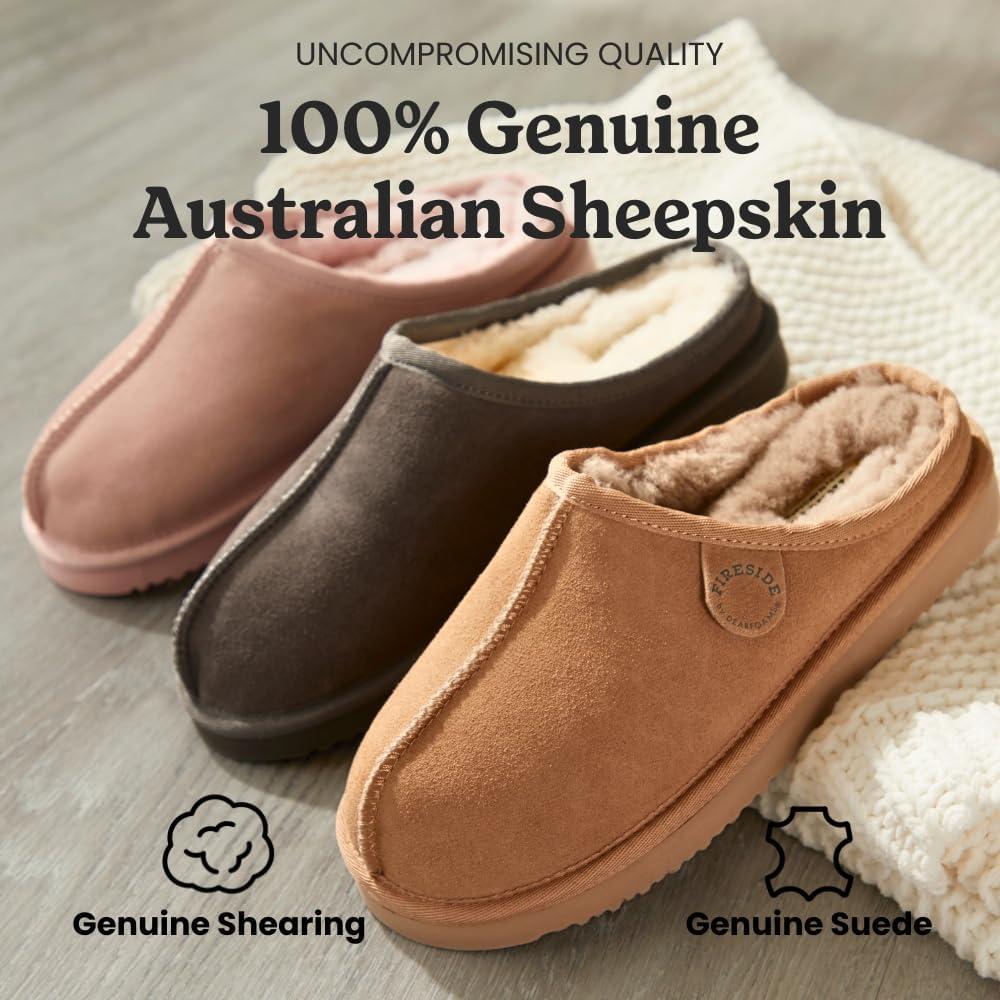 imageFireside by Dearfoams Womens Greta Genuine Shearling Clog Slippers 100 Natural Suede Clogs for Outdoor ampamp IndoorDriftwood