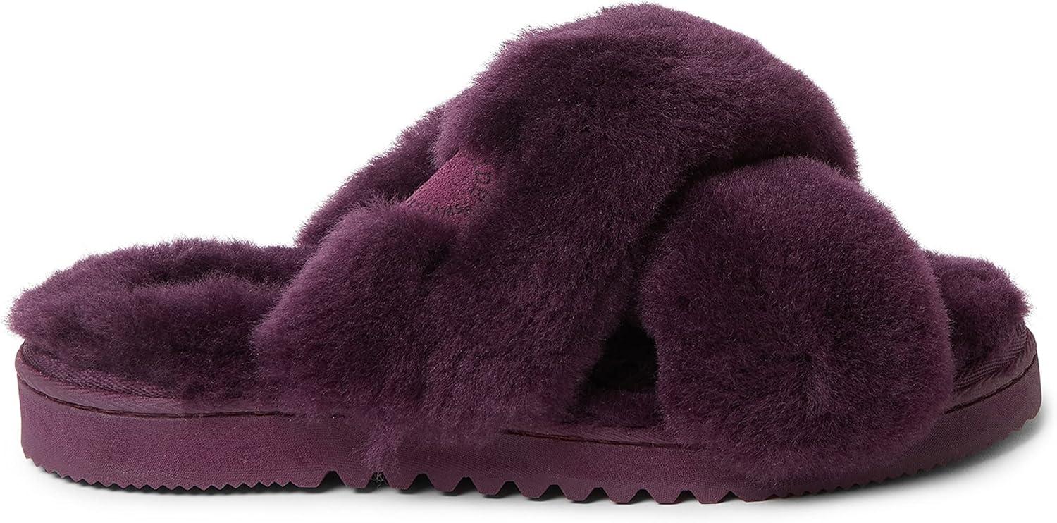 imageFireside by Dearfoams womens Newcastle Crossband All Over Shearling Easy onOff SlideAubergine Solid