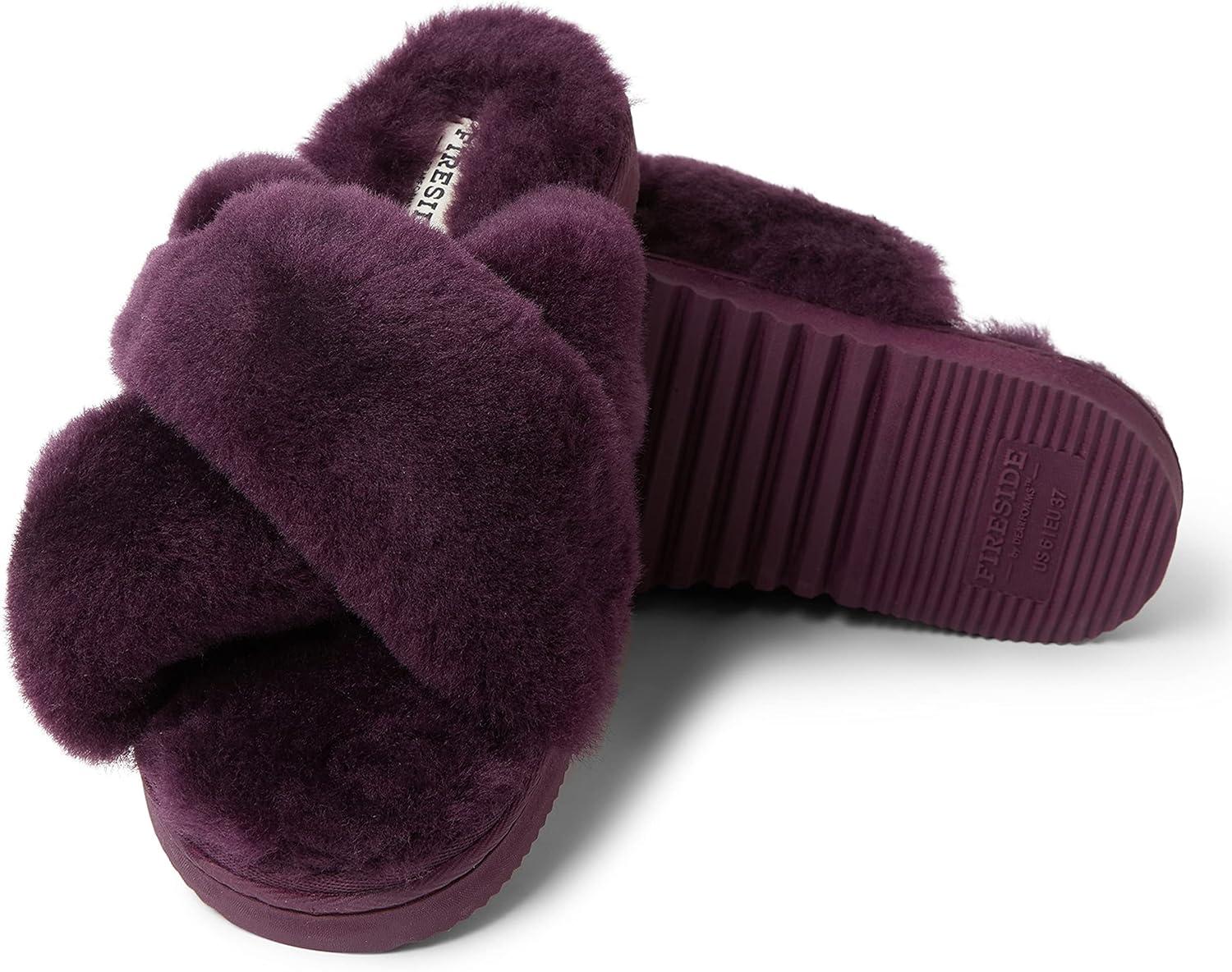 imageFireside by Dearfoams womens Newcastle Crossband All Over Shearling Easy onOff SlideAubergine Solid