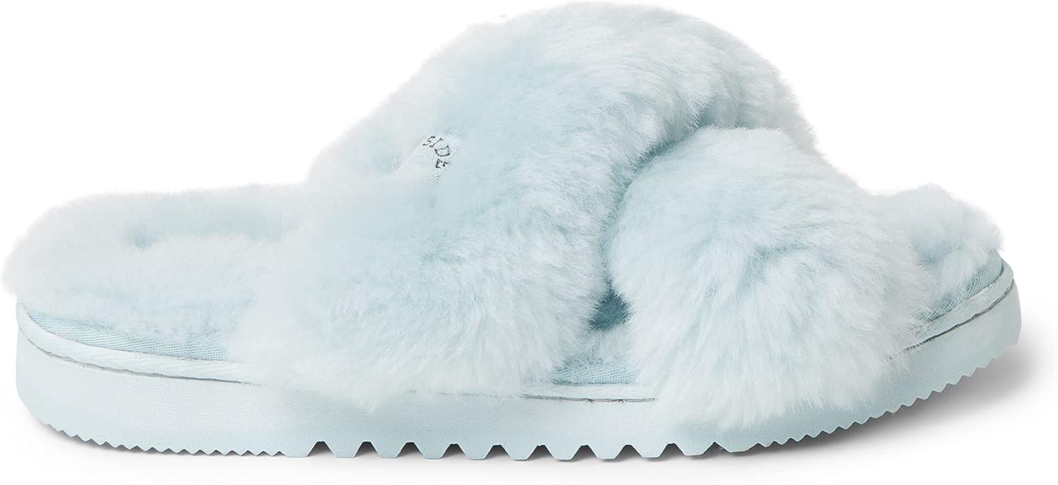 imageFireside by Dearfoams womens Newcastle Crossband All Over Shearling Easy onOff SlideBluewash