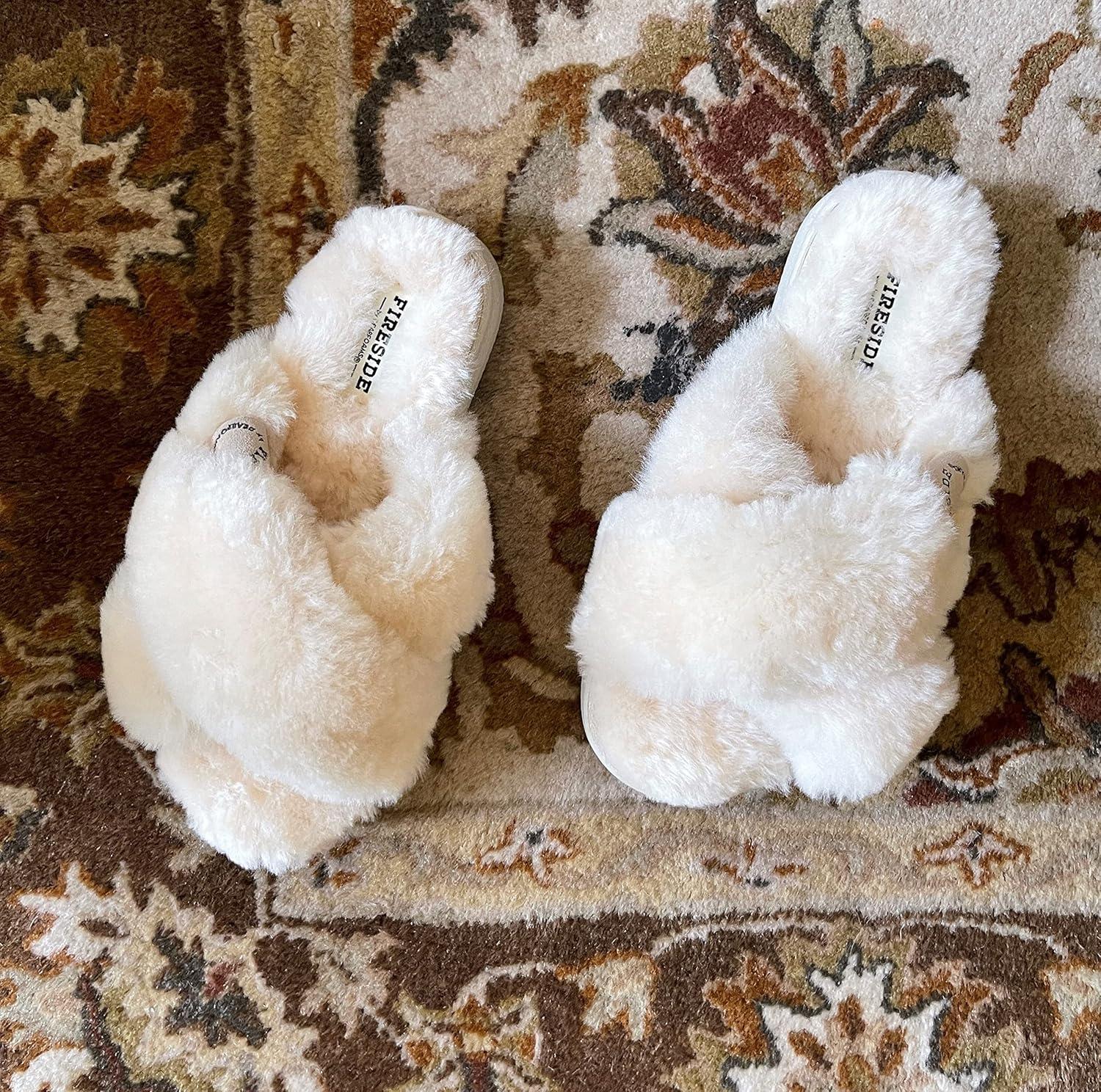 imageFireside by Dearfoams womens Newcastle Crossband All Over Shearling Easy onOff SlideCream