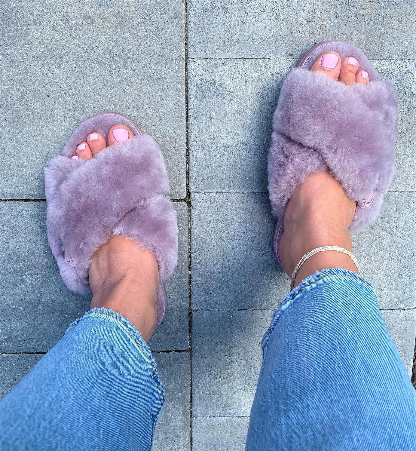imageFireside by Dearfoams womens Newcastle Crossband All Over Shearling Easy onOff SlideFrosted Plum