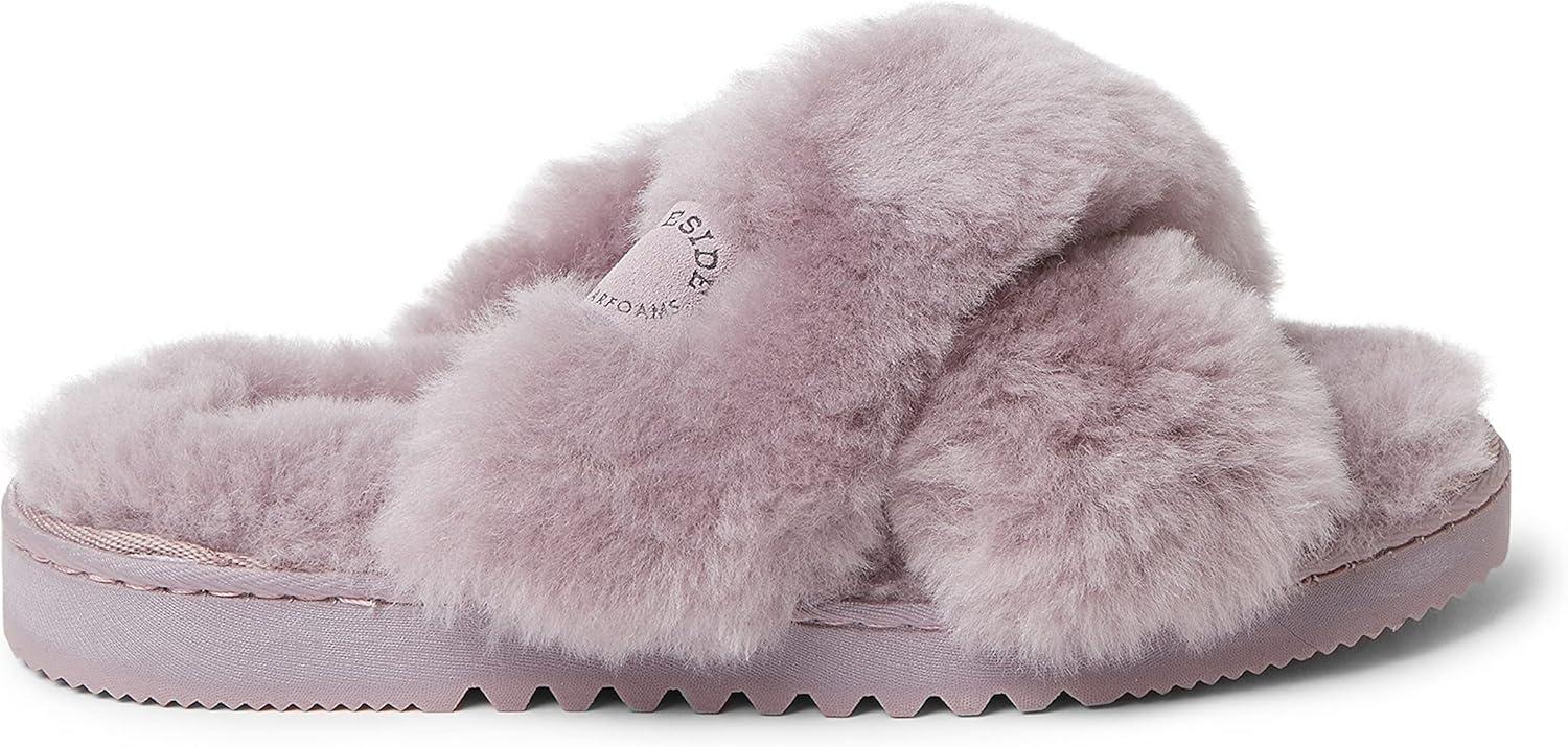 imageFireside by Dearfoams womens Newcastle Crossband All Over Shearling Easy onOff SlideFrosted Plum