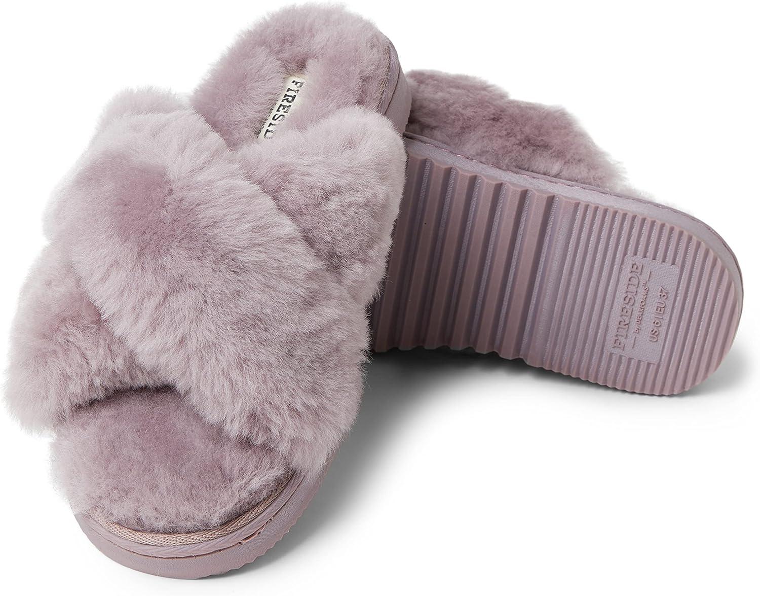 imageFireside by Dearfoams womens Newcastle Crossband All Over Shearling Easy onOff SlideFrosted Plum