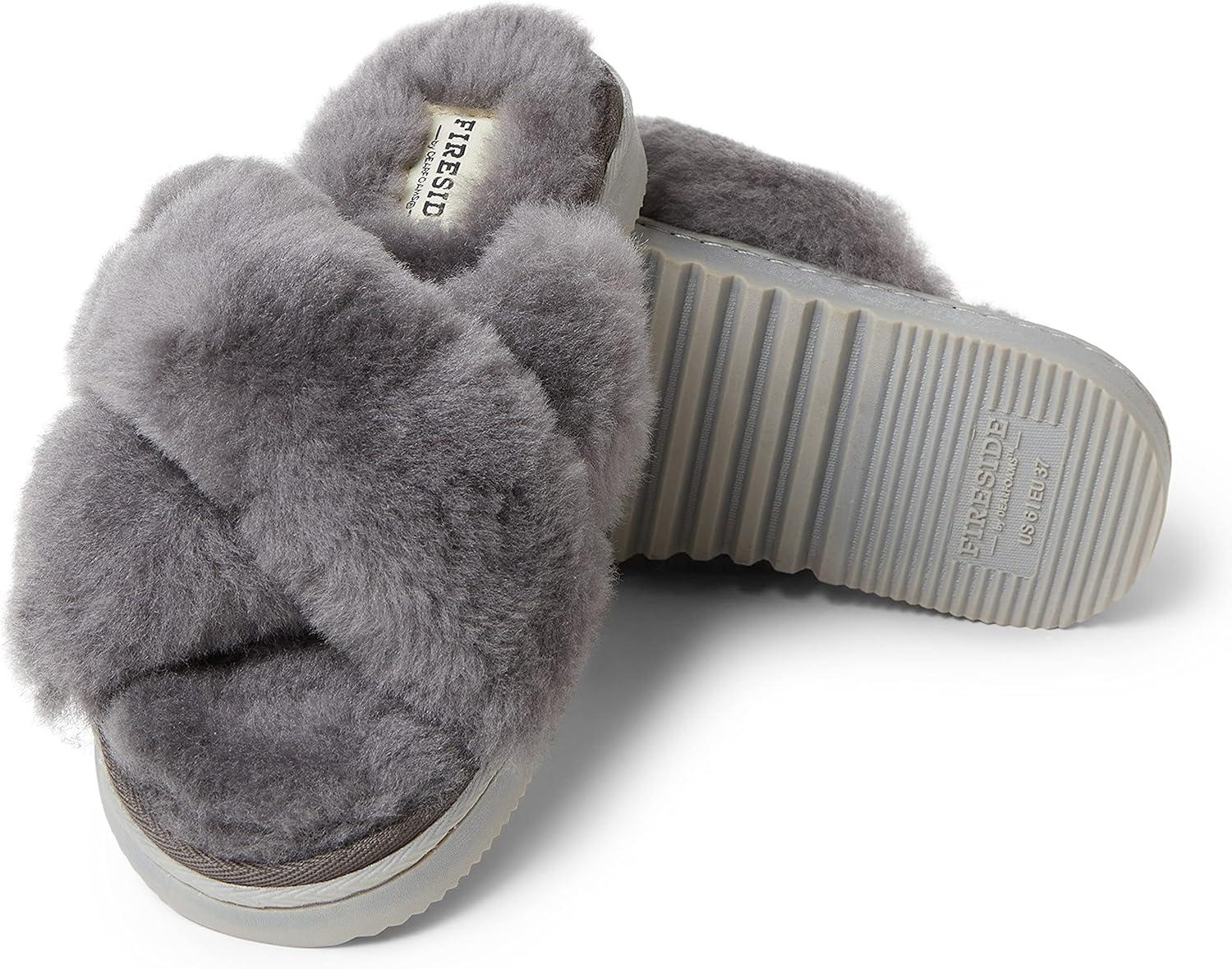 imageFireside by Dearfoams womens Newcastle Crossband All Over Shearling Easy onOff SlideGrey Solid
