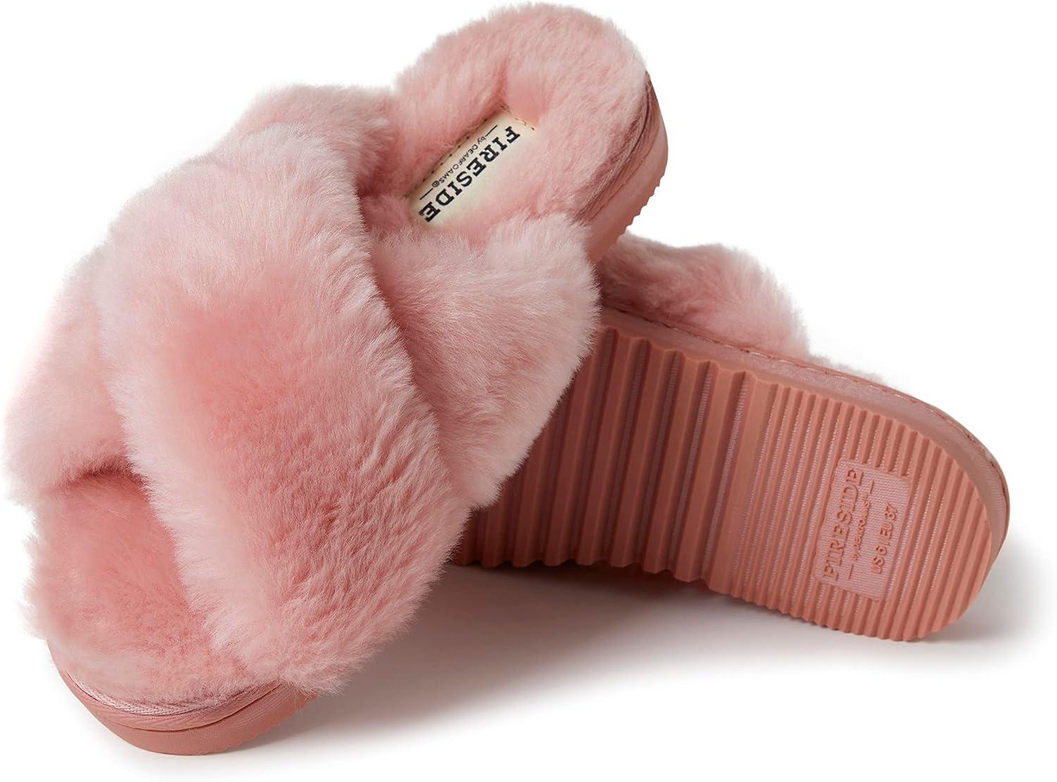 imageFireside by Dearfoams womens Newcastle Crossband All Over Shearling Easy onOff SlidePink Bisque