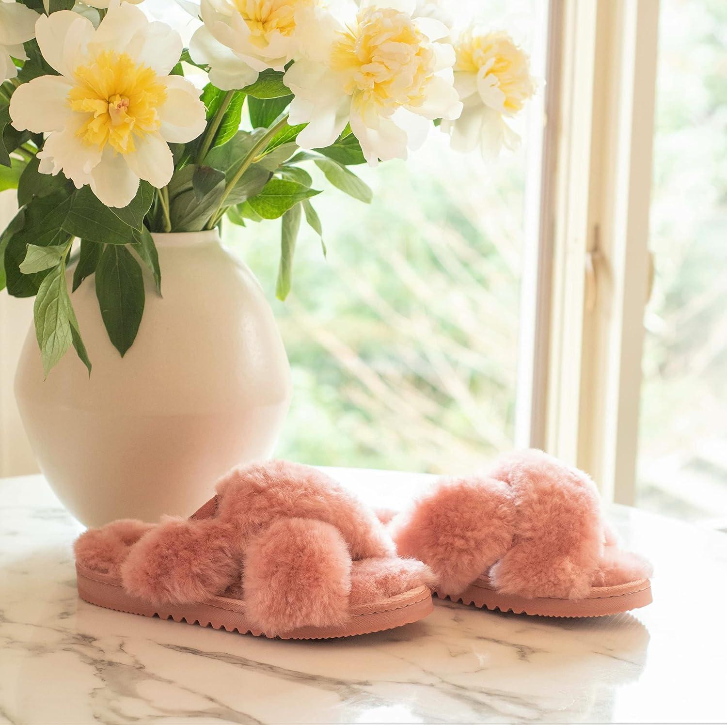 imageFireside by Dearfoams womens Newcastle Crossband All Over Shearling Easy onOff SlidePink Bisque