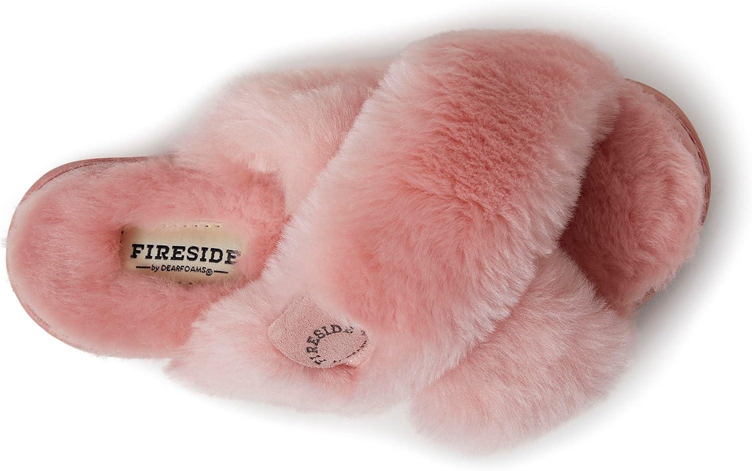 imageFireside by Dearfoams womens Newcastle Crossband All Over Shearling Easy onOff SlidePink Bisque