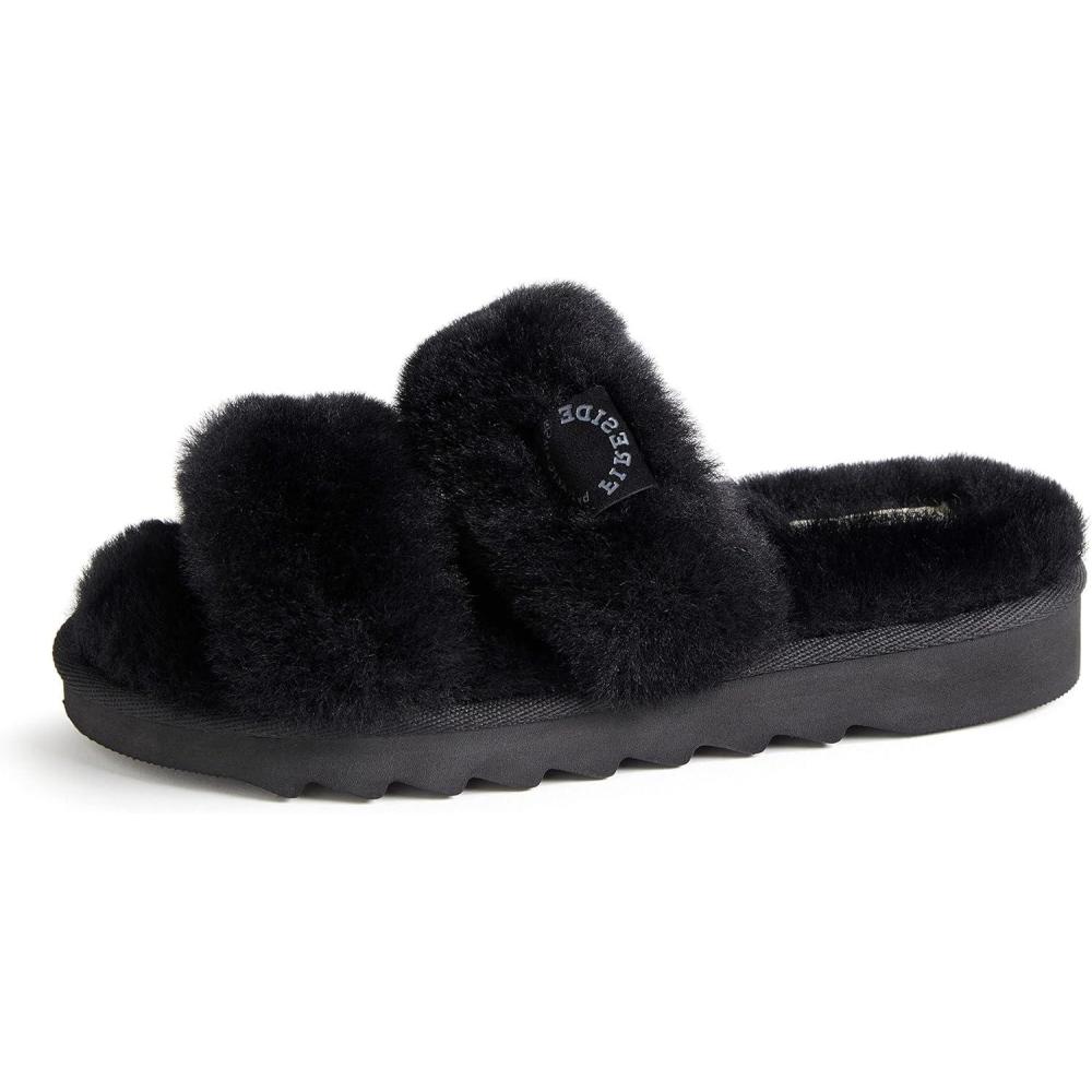 imageDearfoams Womens Fireside Benalla All Over Shearling Double Band Easy OnOff Slide SlipperBlack