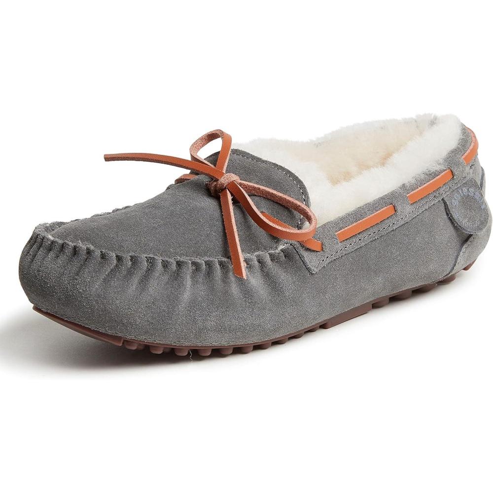 imageDearfoams Womens Fireside Water Resistant Shearling Victoria Moc with Tie SlipperGrey