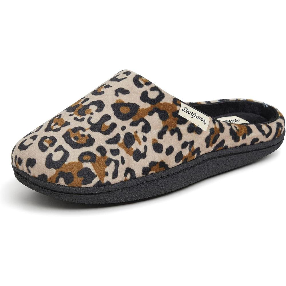imageDearfoams Womens Memory Foam Indoor House Slippers Leslie Terry Clog House Shoes with Wide WidthsLeopard Velour