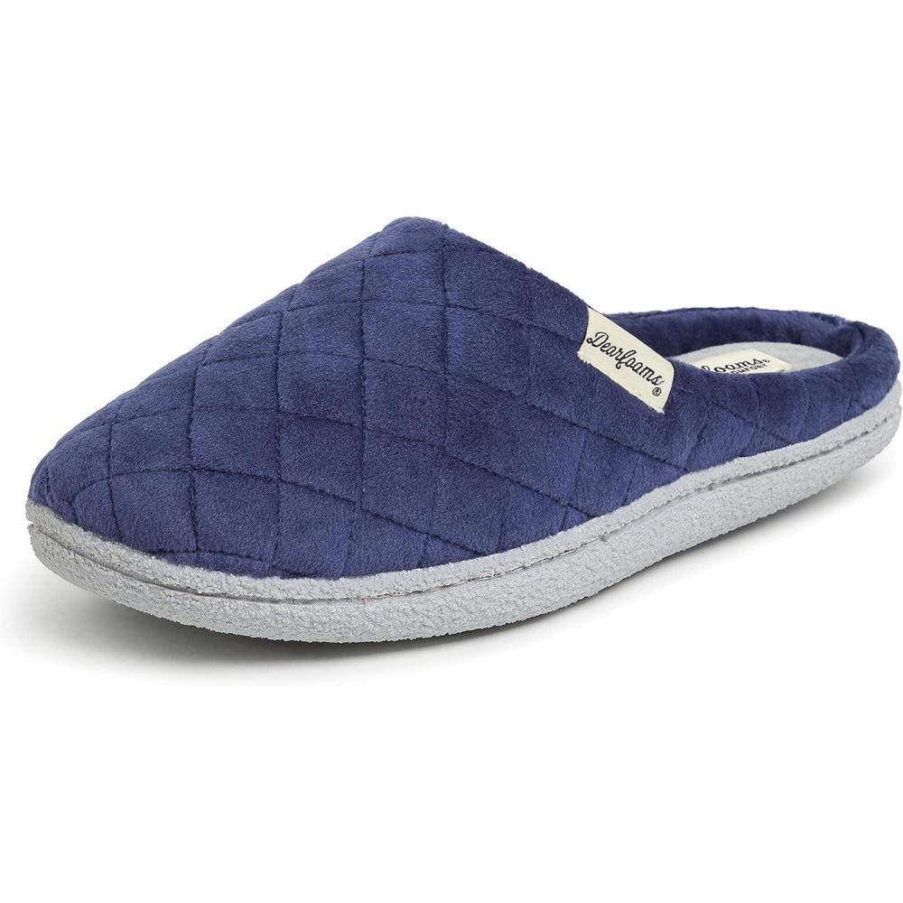 imageDearfoams Womens Memory Foam Indoor House Slippers Leslie Terry Clog House Shoes with Wide WidthsPeacoat Navy Velour