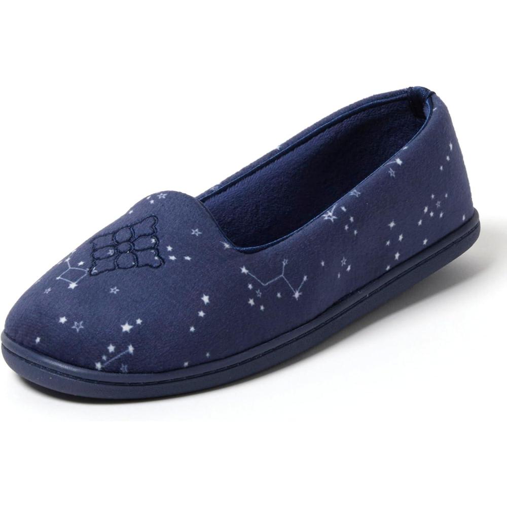 imageDearfoams Womens Rebecca Soft Memory Foam Lightweight House Shoes Cozy Loafer with Warm Lining and Wide Widths SlipperBlue Stary Night