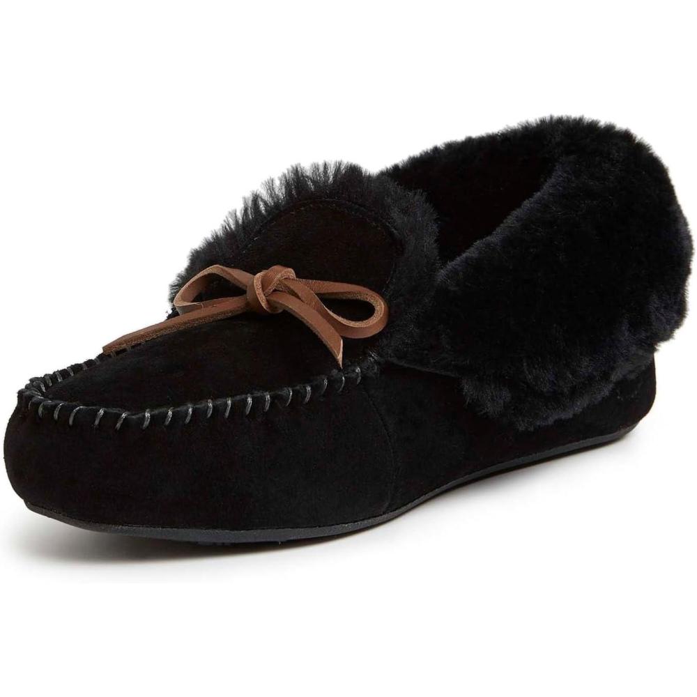 imageDearfoams Womens Suede Foldover Bootie Slipper with TieBlack