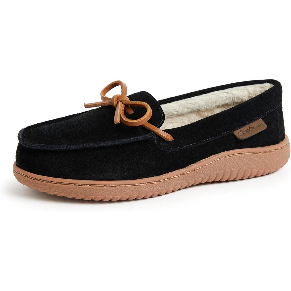 imageDearfoams Womens Wilmington Energy Return Comfort IndoorOutdoor Memory Foam Moccasin Slipper with TieBlack Suede