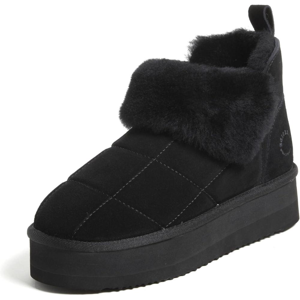 imageDearfoams womens Bootie Slipper Bayswater Comfy Indoor Outdoor Genuine Shearling Platform SlipperBlack