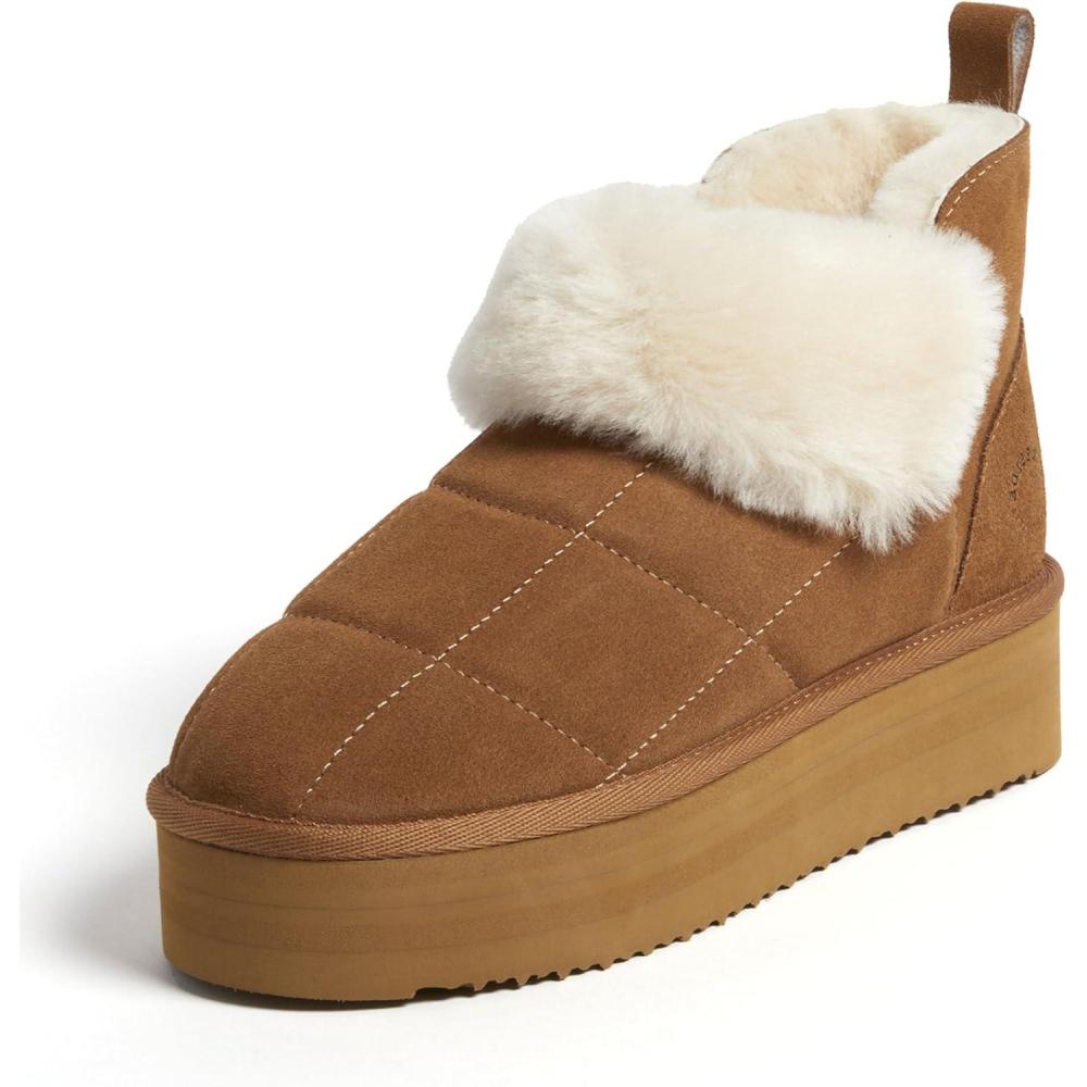 imageDearfoams womens Bootie Slipper Bayswater Comfy Indoor Outdoor Genuine Shearling Platform SlipperChestnut