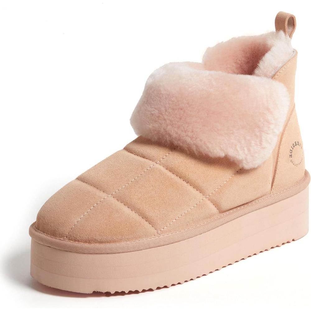 imageDearfoams womens Bootie Slipper Bayswater Comfy Indoor Outdoor Genuine Shearling Platform SlipperPeach Dust