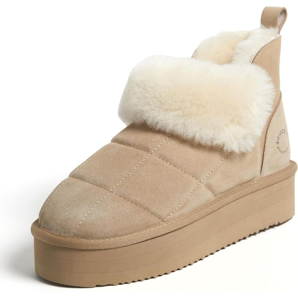 imageDearfoams womens Bootie Slipper Bayswater Comfy Indoor Outdoor Genuine Shearling Platform SlipperSand