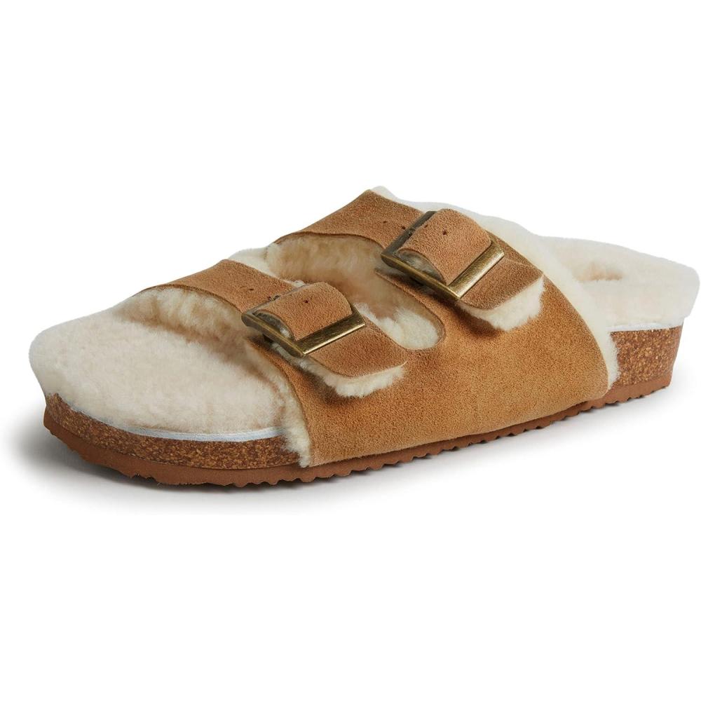 imageDearfoams womens Fireside Tamworth Shearling Slide Sandal With Cork Footbed and Adjustable BucklesChestnut