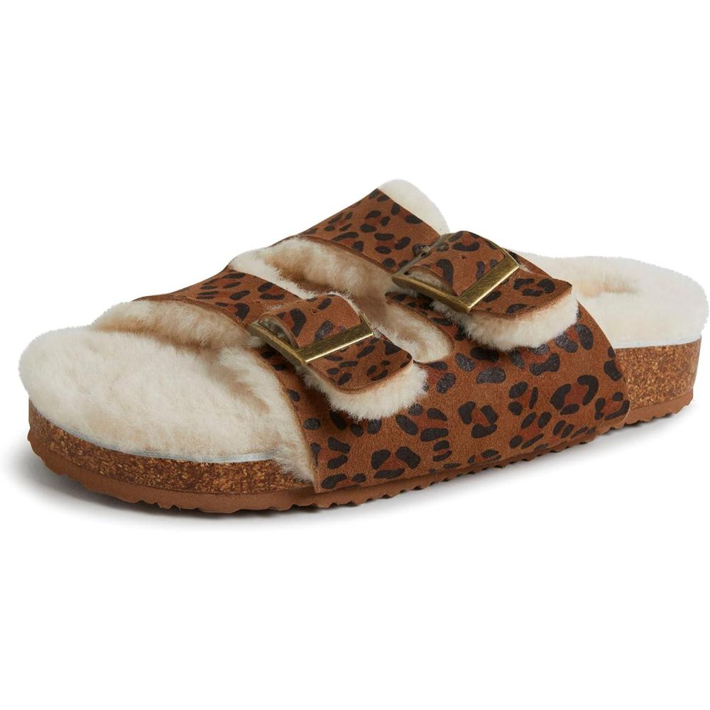 imageDearfoams womens Fireside Tamworth Shearling Slide Sandal With Cork Footbed and Adjustable BucklesLeopard