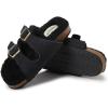 Dearfoams womens Fireside Tamworth Shearling Slide Sandal With Cork Footbed and Adjustable Buckles(Black)