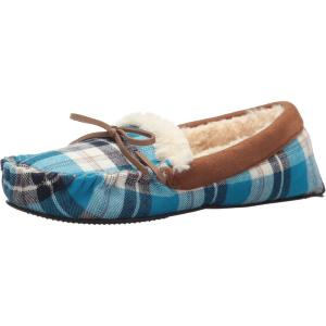 Dearfoams Unisex-Adult Mixed Material Moccasin Women’s(Blue Plaid)