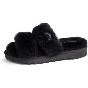 Dearfoams Women’s Fireside Benalla All Over Shearling Double Band Easy On/Off Slide Slipper(Black)