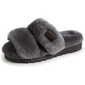 Dearfoams Women’s Fireside Benalla All Over Shearling Double Band Easy On/Off Slide Slipper(Grey)
